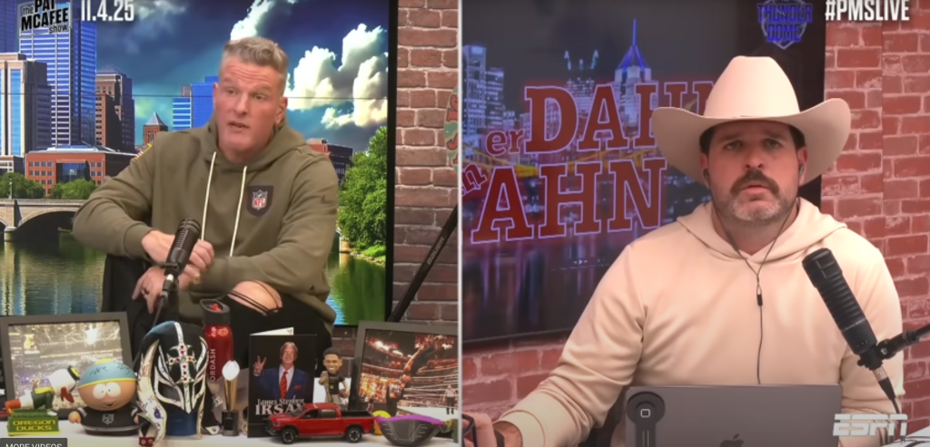 Pat McAfee and a man in a cowboy hat discussing "Daily Kahn" on "The Pat McAfee Show."